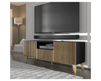 Тумба ТВ RAVENNA P 150 см, 2 двери и ящик, чёрный матовый с дубом артисан, золотые ножки