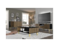 Тумба ТВ RAVENNA P 150 см, 2 двери и ящик, чёрный матовый с дубом артисан, золотые ножки