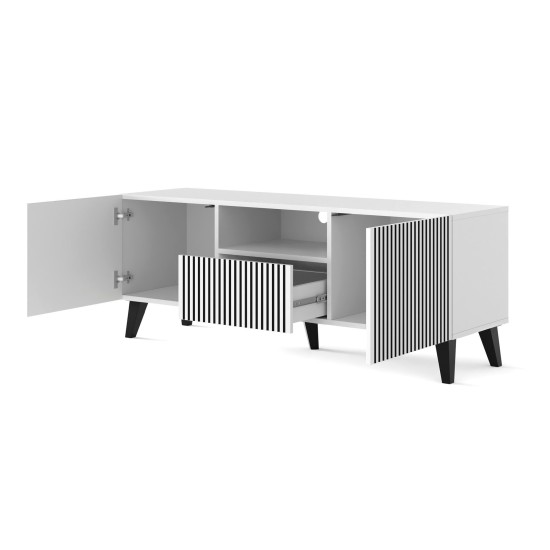 Тумба ТВ RAVENNA P 150 см, 2 двери и ящик, белый с чёрным, чёрные ножки