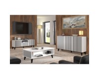 TV unit RAVENNA P 150 cm, 2 doors and a drawer, white with black, black legs