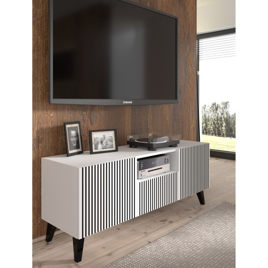 TV unit RAVENNA P 150 cm, 2 doors and a drawer, white with black, black legs