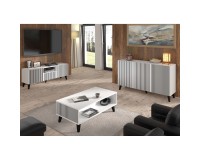 TV unit RAVENNA P 150 cm, 2 doors and a drawer, white with black, black legs