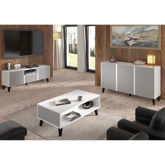 TV unit RAVENNA P 150 cm, 2 doors and a drawer, white with black, black legs
