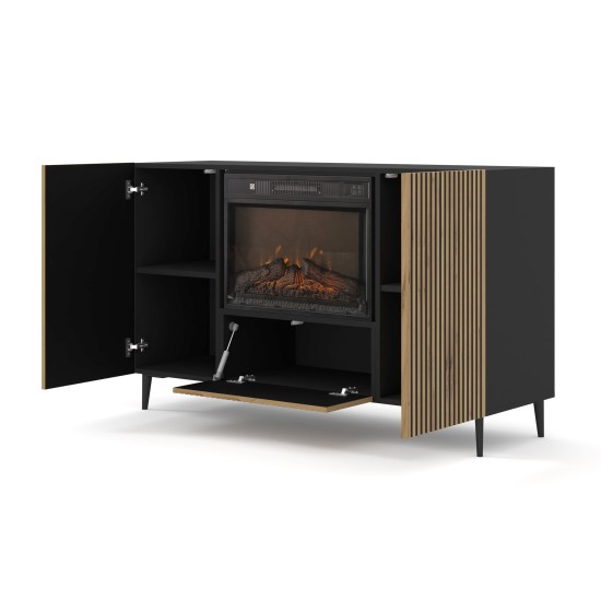 Sideboard RAVENNA with a fireplace 140 cm, 2 doors, black matt with artisan oak Sideboard RAVENNA with a fireplace 140 cm, 2 doors, black matt with artisan oak