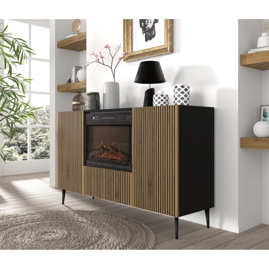 Sideboard RAVENNA with a fireplace 140 cm, 2 doors, black matt with artisan oak Sideboard RAVENNA with a fireplace 140 cm, 2 doors, black matt with artisan oak