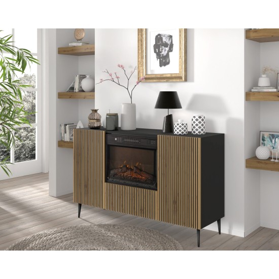 Sideboard RAVENNA with a fireplace 140 cm, 2 doors, black matt with artisan oak Sideboard RAVENNA with a fireplace 140 cm, 2 doors, black matt with artisan oak