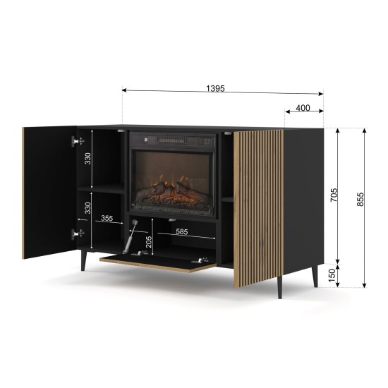 Sideboard RAVENNA with a fireplace 140 cm, 2 doors, black matt with artisan oak Sideboard RAVENNA with a fireplace 140 cm, 2 doors, black matt with artisan oak