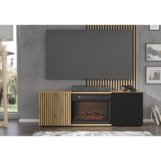 TV unit AURIS with a fireplace 149 cm, artisan oak with black matt