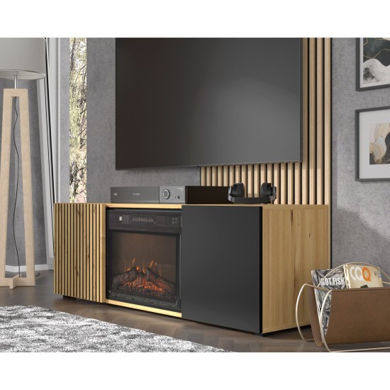 TV unit AURIS with a fireplace 149 cm, artisan oak with black matt