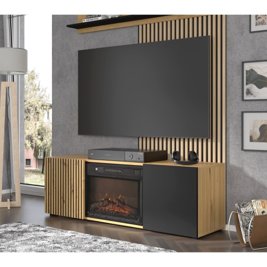 TV unit AURIS with a fireplace 149 cm, artisan oak with black matt