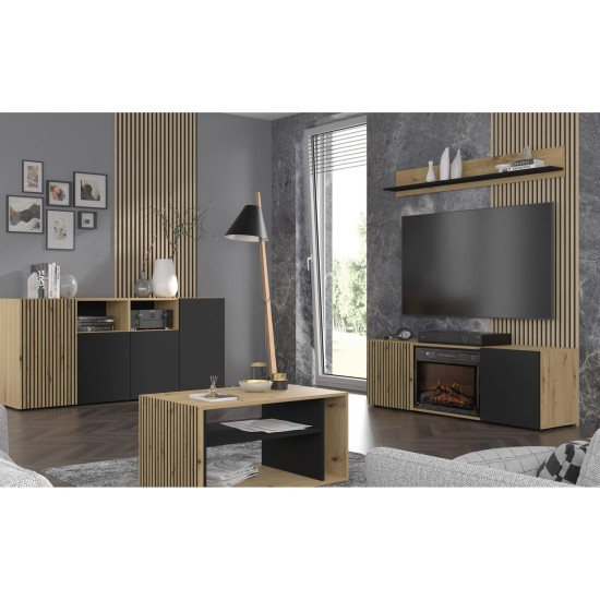 TV unit AURIS with a fireplace 149 cm, artisan oak with black matt