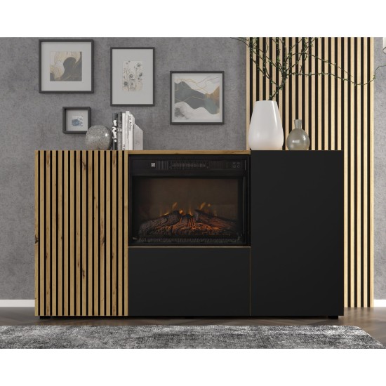 Sideboard AURIS with a fireplace 149 cm, 3 doors, artisan oak with black matt Sideboard AURIS with a fireplace 149 cm, 3 doors, artisan oak with black matt
