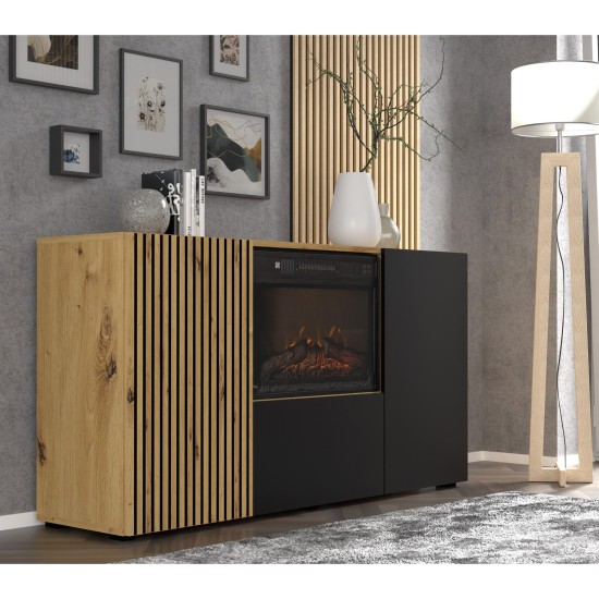 Sideboard AURIS with a fireplace 149 cm, 3 doors, artisan oak with black matt Sideboard AURIS with a fireplace 149 cm, 3 doors, artisan oak with black matt