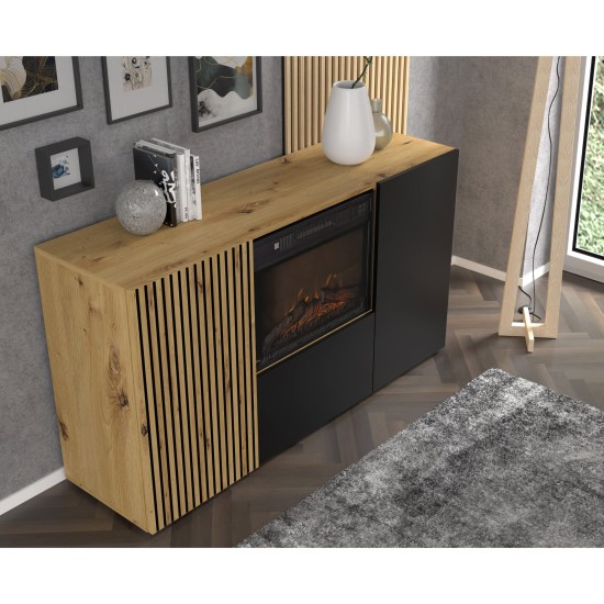 Sideboard AURIS with a fireplace 149 cm, 3 doors, artisan oak with black matt Sideboard AURIS with a fireplace 149 cm, 3 doors, artisan oak with black matt