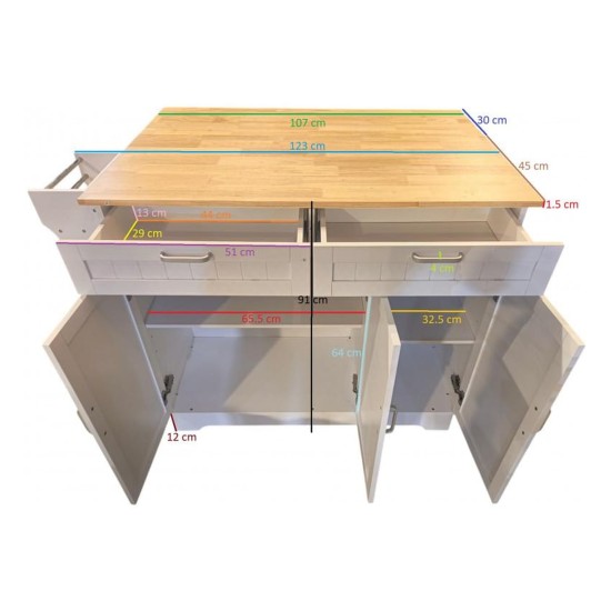Cuba White Kitchen Island, 123 cm, Three Doors