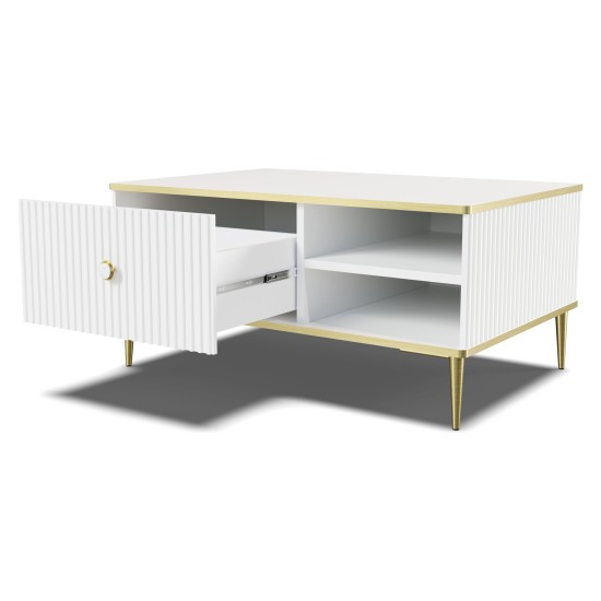 PETRA coffee table 90 cm, drawer and bay, white mat