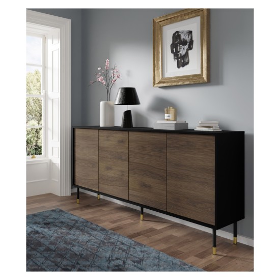 Комод SHERWOOD 180 см, 4 двери, чёрный матовый с дубом катания