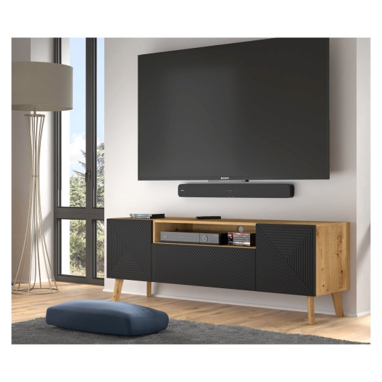 מזנון טלוויזיה LUXI 160, 2 דלתות ודלת נפתחת, אלון ארטיסן עם שחור מט