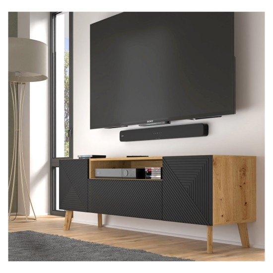 מזנון טלוויזיה LUXI 160, 2 דלתות ודלת נפתחת, אלון ארטיסן עם שחור מט