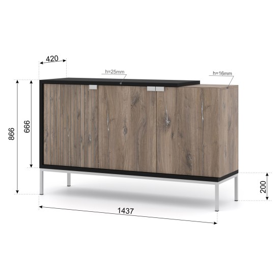 TOLEDO chest 143 cm, 3 doors, Flagstaff oak with black mat