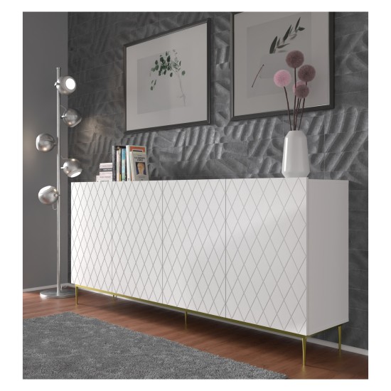 Chest of drawers DIUNA 193 cm, 4 doors, white mat, gold frame