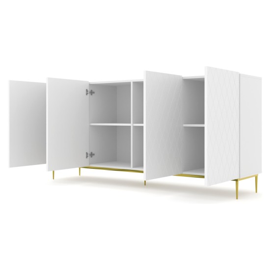 Chest of drawers DIUNA 193 cm, 4 doors, white mat, gold frame