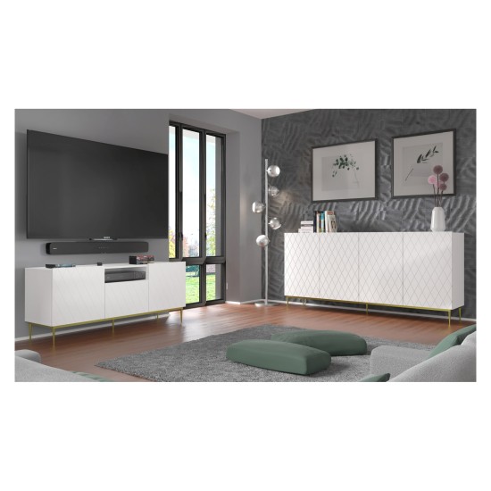 Chest of drawers DIUNA 193 cm, 4 doors, white mat, gold frame