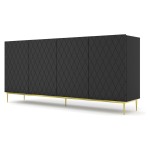 Chest of drawers DIUNA 193 cm, 4 doors, black mat, gold frame