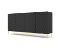 Chest of drawers DIUNA 193 cm, 4 doors, black mat, gold frame