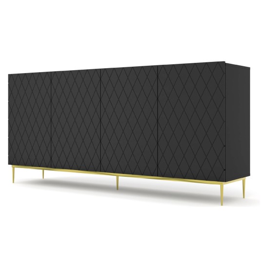 Chest of drawers DIUNA 193 cm, 4 doors, black mat, gold frame