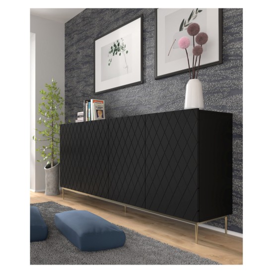 Chest of drawers DIUNA 193 cm, 4 doors, black mat, gold frame