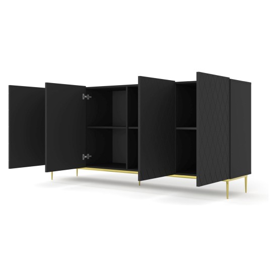 Chest of drawers DIUNA 193 cm, 4 doors, black mat, gold frame