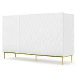 Chest of drawers DIUNA 145 cm, 3 doors, white mat, gold frame