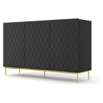 Chest of drawers DIUNA 145 cm, 3 doors, black mat, gold frame