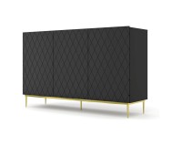 Chest of drawers DIUNA 145 cm, 3 doors, black mat, gold frame