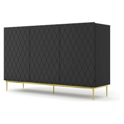 Chest of drawers DIUNA 145 cm, 3 doors, black mat, gold frame