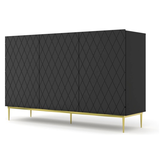 Chest of drawers DIUNA 145 cm, 3 doors, black mat, gold frame