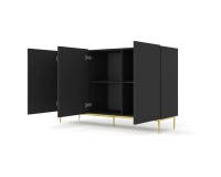 Chest of drawers DIUNA 145 cm, 3 doors, black mat, gold frame