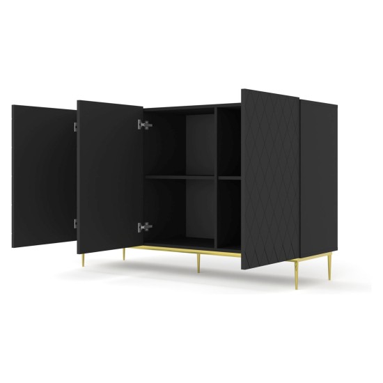 Chest of drawers DIUNA 145 cm, 3 doors, black mat, gold frame