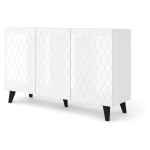 Chest of drawers DIUNA HG 145 cm, 3 doors, white mat with white high gloss fronts, black legs