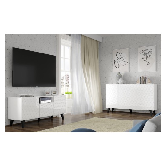 Chest of drawers DIUNA HG 145 cm, 3 doors, white mat with white high gloss fronts, black legs