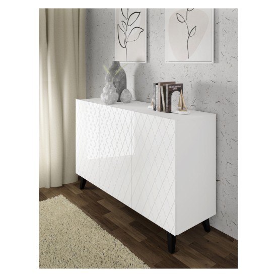 Chest of drawers DIUNA HG 145 cm, 3 doors, white mat with white high gloss fronts, black legs