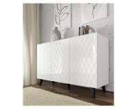 Chest of drawers DIUNA HG 145 cm, 3 doors, white mat with white high gloss fronts, black legs