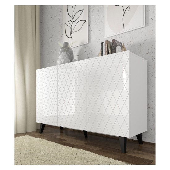 Chest of drawers DIUNA HG 145 cm, 3 doors, white mat with white high gloss fronts, black legs