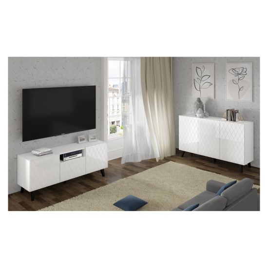 Chest of drawers DIUNA HG 145 cm, 3 doors, white mat with white high gloss fronts, black legs