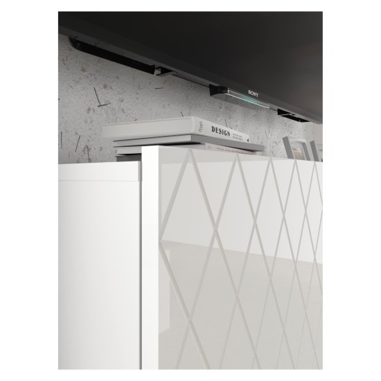 Chest of drawers DIUNA HG 145 cm, 3 doors, white mat with white high gloss fronts, black legs