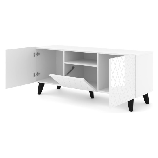 TV unit DIUNA HG 145 cm, 2 doors and 1 flap door, white mat with white high gloss fronts, black legs