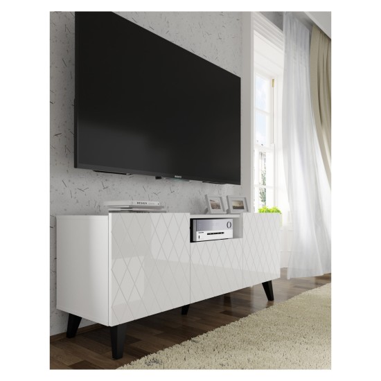 TV unit DIUNA HG 145 cm, 2 doors and 1 flap door, white mat with white high gloss fronts, black legs