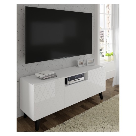 TV unit DIUNA HG 145 cm, 2 doors and 1 flap door, white mat with white high gloss fronts, black legs
