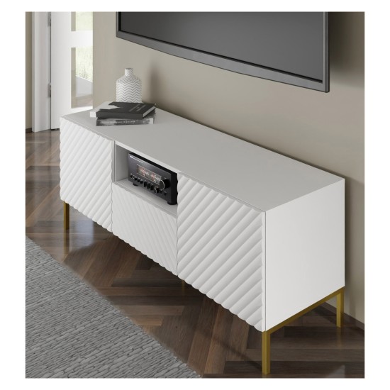 מזנון טלוויזיה SURF 150, 2 דלתות ומגירה, לבן מט, מסגרת זהב